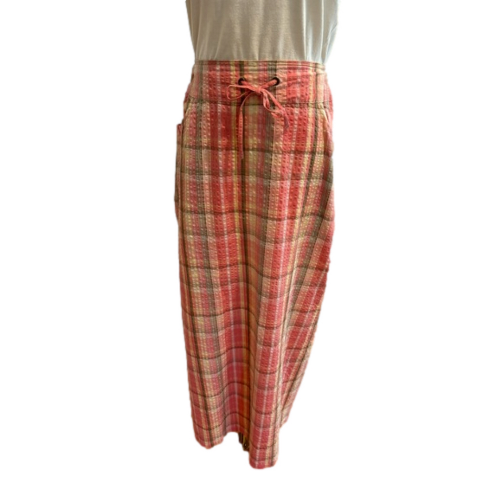 J PETERMAN 90s PINK & OLIVE GREEN PLAID SEERSUCKER PENCIL MIDI SKIRT SZ 12 - Picture 5 of 9